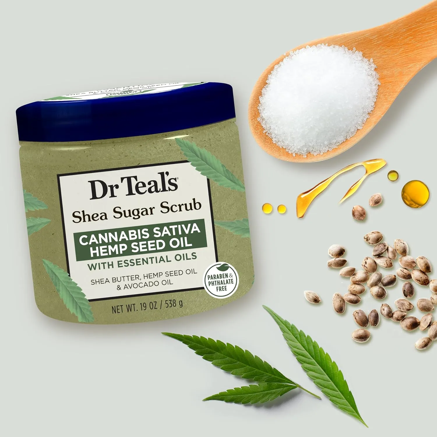 Dr. Teal's Shea Sugar Body Scrub Cannabis Sativa Hemp Seed Oil Essential Oils- 19 oz
