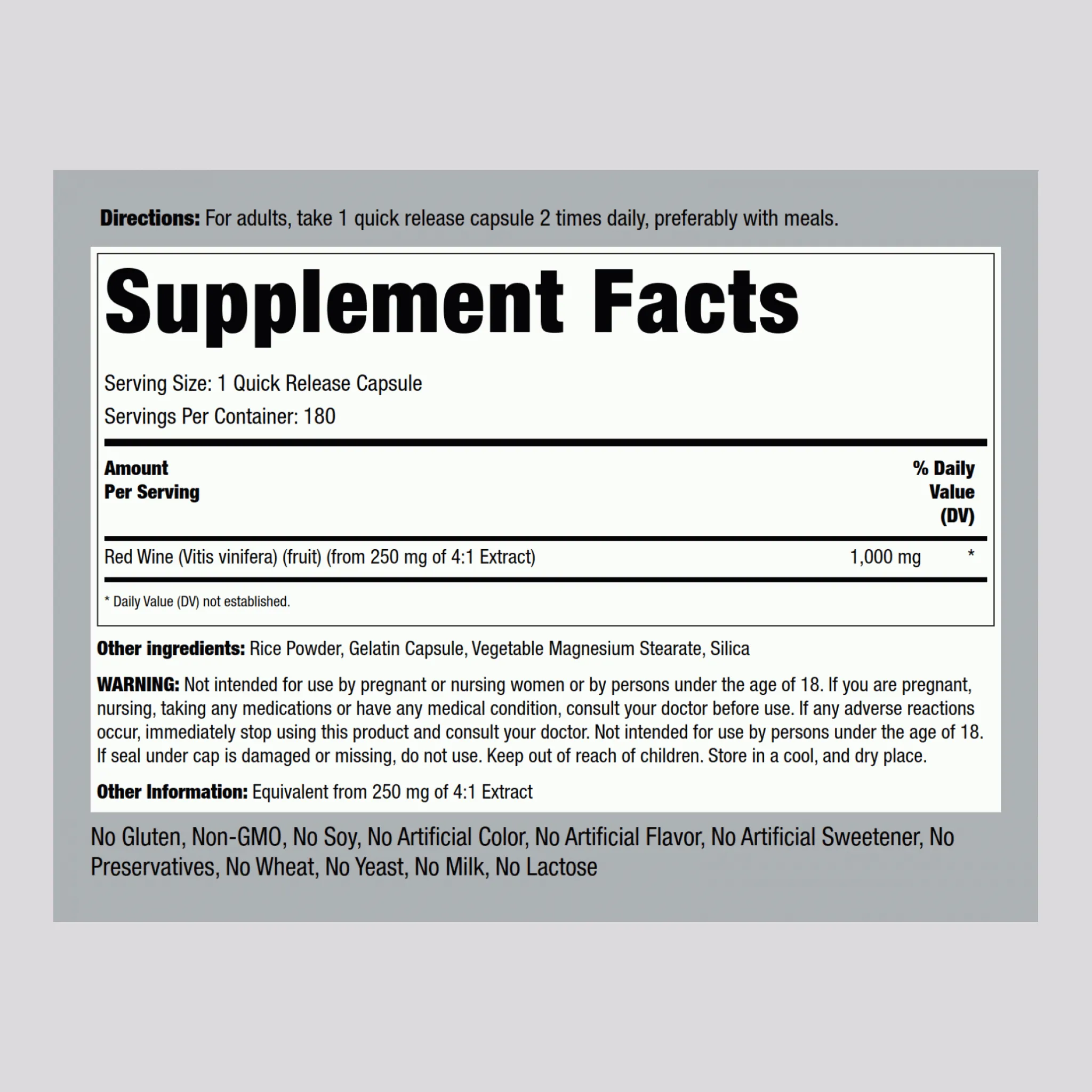Red Wine Extract, 1000 mg, 180 Quick Release Capsules, 2  Bottles